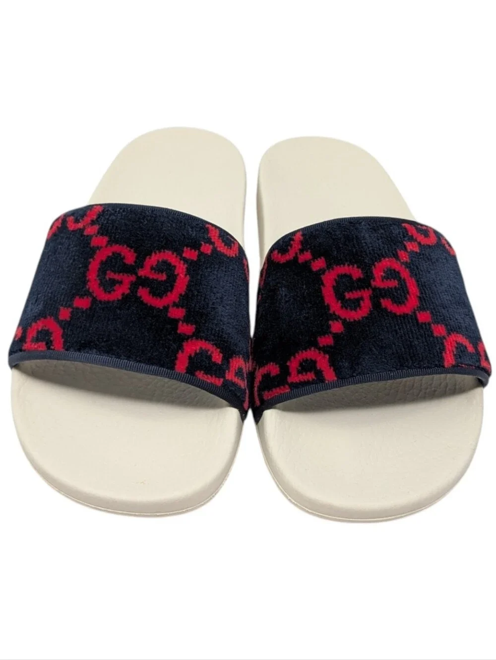 Gucci Navy/Red Monogram Terry Cloth Velvet Slide Sandals Size EU 38